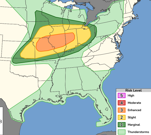 MAP2 - Extol Media Map of the central U.S. showing thunderstorm risk levels: marginal (green), thunderstorm 1, enhanced (yellow/orange), moderate (orange), and high (pink) areas outlined by contour bands.