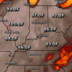 Weather map of the Midwest showing current Fahrenheit temperatures with city labels (e.g., 99.0°F near Quincy, 97.0°F in Indianapolis).