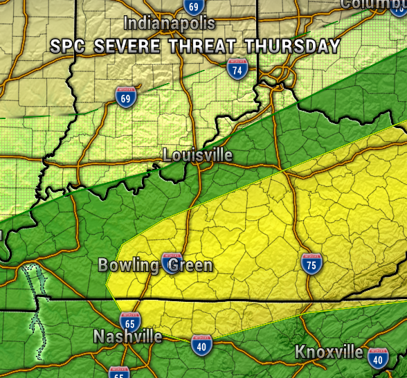 Weather map with green and yellow threat bands across Kentucky and Tennessee; 'SPC SEVERE THREAT THURSDAY' headline near Indianapolis; shows Louisville, Nashville, Bowling Green, Knoxville with interstates.