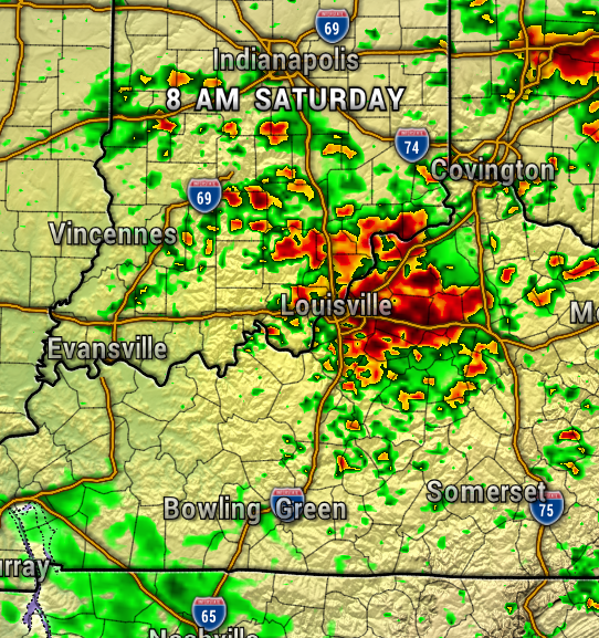 MAP3 - Extol Media Radar map showing widespread thunderstorms around Louisville and Indianapolis at 8 AM Saturday; red and orange areas indicate heavy to severe rainfall, with green and yellow patches representing lighter rain extending toward Vincennes, Evansville, and Covington.