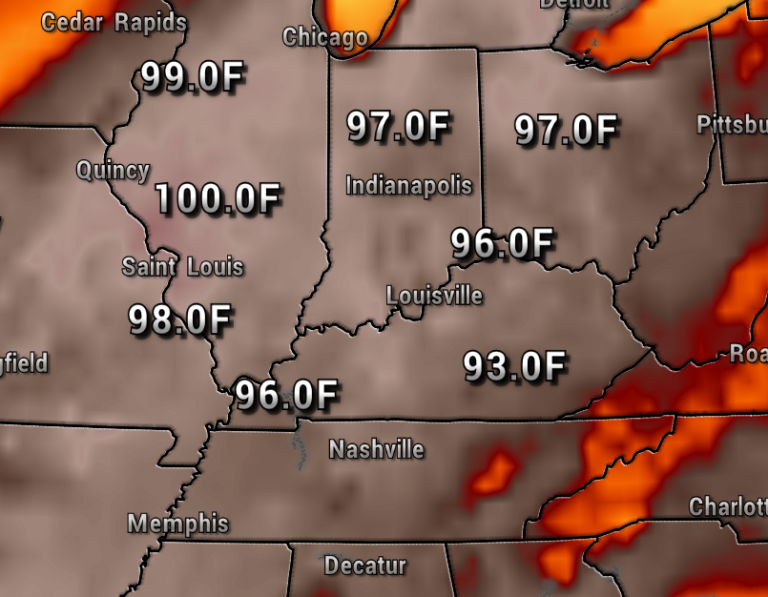 Weather map of the Midwest showing current Fahrenheit temperatures with city labels (e.g., 99.0°F near Quincy, 97.0°F in Indianapolis).