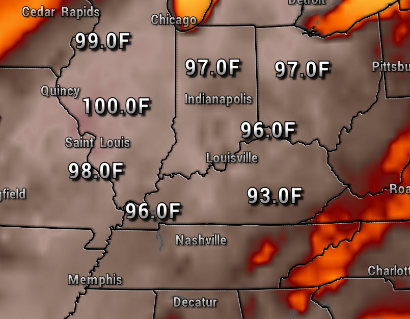 Weather map of the Midwest showing current Fahrenheit temperatures with city labels (e.g., 99.0°F near Quincy, 97.0°F in Indianapolis).
