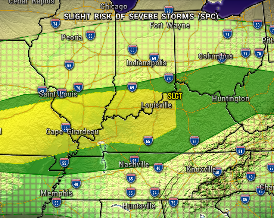 MAP4 - Extol Media Weather risk map of Indiana/Kentucky with green and yellow bands; 'Slight Risk of Severe Storms' near Indianapolis; cities and interstates shown.