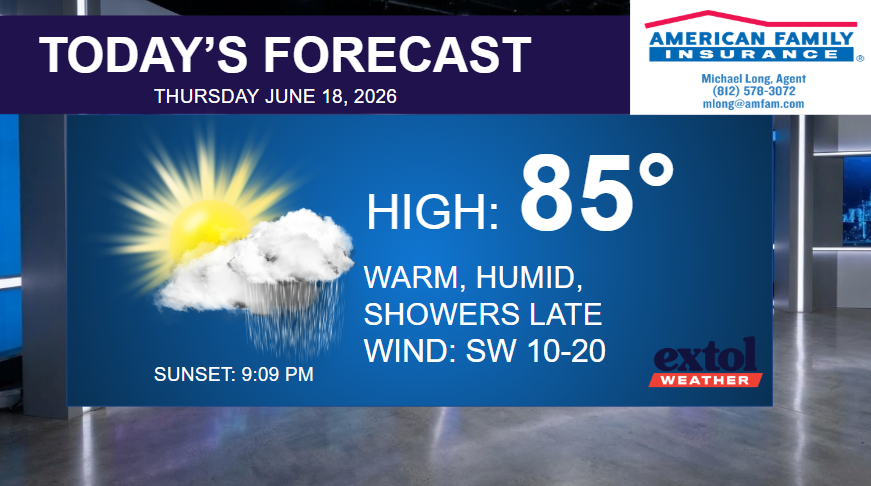 Weather board: Today's forecast high 85°, warm and humid with late showers; sunset 9:09 PM (Extol Weather logo)