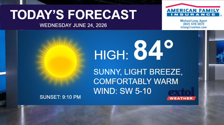 Weather forecast banner showing a high of 84° with sunny, warm conditions and sunset at 9:10 PM; corporate logos appear on top and bottom right.