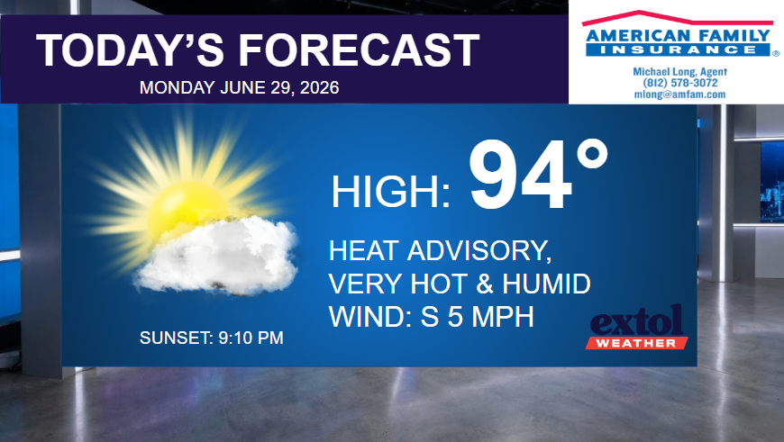 Studio weather board showing today's forecast: high 94°, sunny with a cloud, heat advisories, wind S at 5 mph, sunset 9:10 PM; sponsor logos visible at top corners.