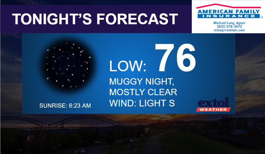 Tonight's forecast banner: low 76, muggy night, mostly clear, light south wind; sunrise at 6:23 AM; sponsor logos visible.