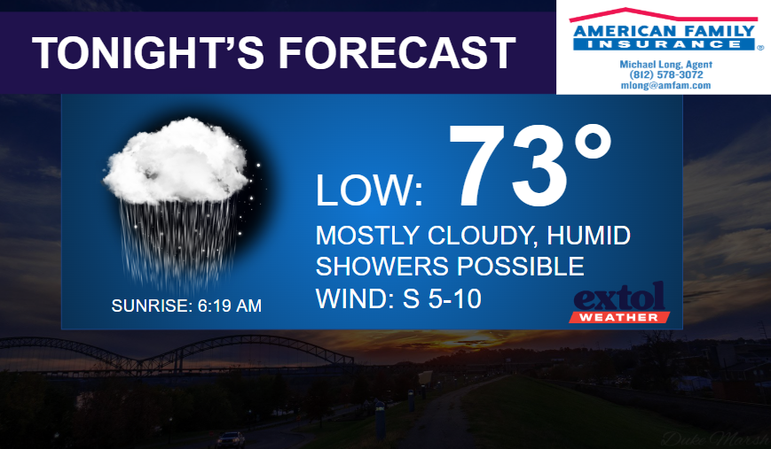 Tonight's forecast banner: rain cloud icon, low 73°F, mostly cloudy with humid showers possible, wind S 5–10, sunrise 6:19 AM, Extol Weather logo visible.