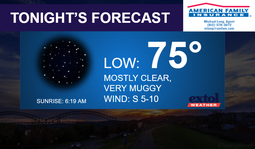 Forecast banner: Low 75°F, mostly clear and very muggy; wind from the south 5–10 mph; sunrise 6:19 AM; includes Extol Weather and American Family Insurance logos.