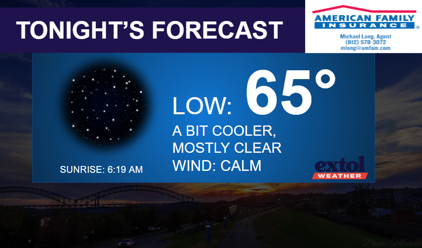 Tonight's forecast banner shows a low of 65°, mostly clear skies and calm wind, with sunrise at 6:19 AM and a starry moon graphic on the left.