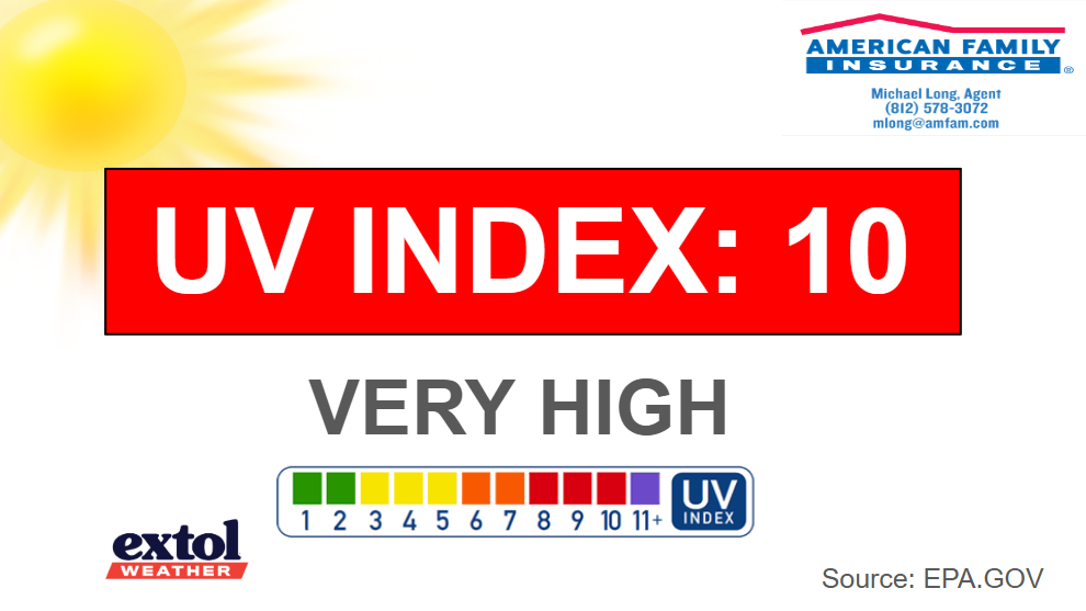 UV index 10—Very High graphic with sun motif and EPA source note.