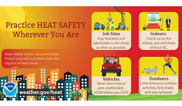 Colorful poster promoting heat safety with tips for Job Sites, Indoors, Vehicles, and Outdoors.
