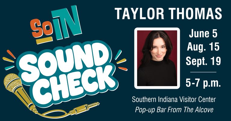 Poster for 'Sound Check' comedy show featuring a smiling woman’s headshot; lists dates and location (Southern Indiana Visitor Center).