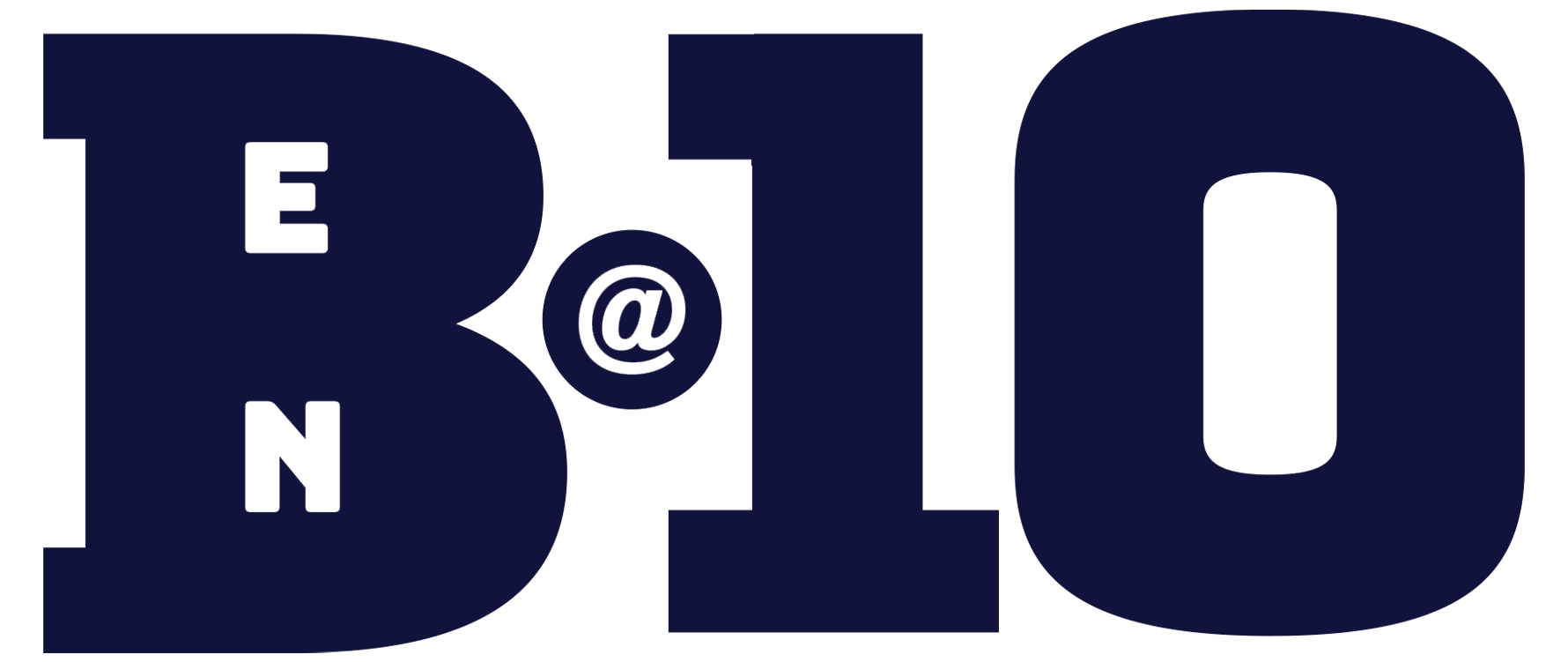 Bold navy BEN10 logo: large B, E, N, 1, and 0 integrated with a small circle containing @ between N and 1.