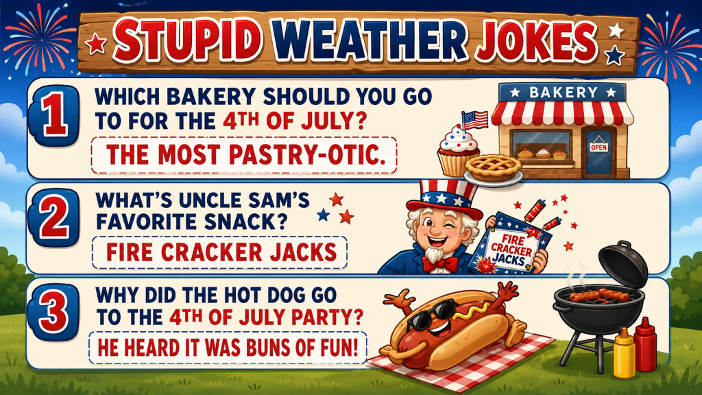 Colorful signboard reading 'Stupid Weather Jokes' with three joke panels and a July Fourth theme.