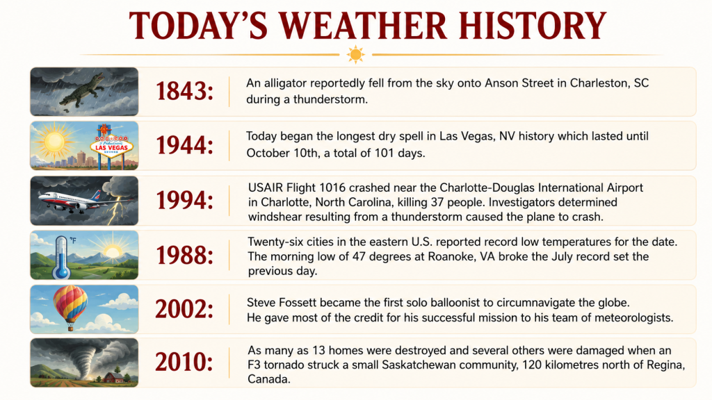 Timeline of weather history events from 1843 to 2010 with left-side icons illustrating each year’s event.