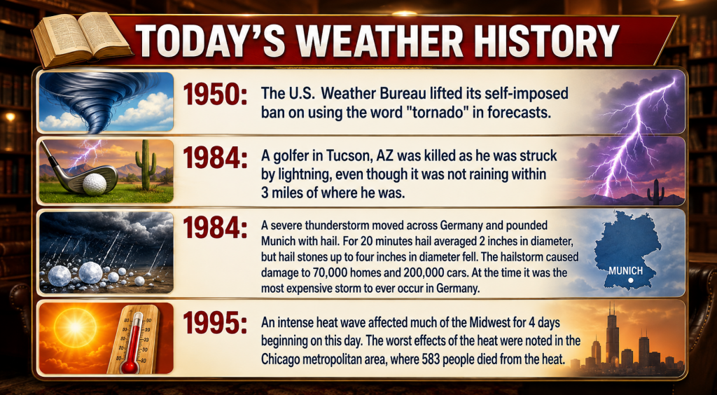 ChatGPT Image Jul 12 2026 01_55_15 PM - Extol Media Infographic timeline titled Today's Weather History showing four weather events: a tornado, golf with lightning and desert scenery, a severe hailstorm with Munich map, and a hot sunny day with a thermometer.