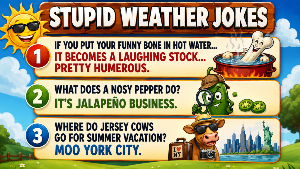 Bright cartoon banner titled 'Stupid Weather Jokes' with three joke panels and cheerful characters (sun with sunglasses, detective jalapeño, cow with NYC skyline) illustrating the jokes.