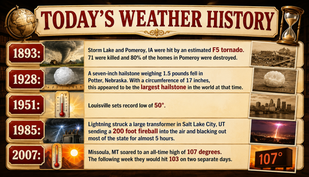 Timeline of notable weather history events with years 1893, 1928, 1951, 1985 and 2007 showing brief descriptions.