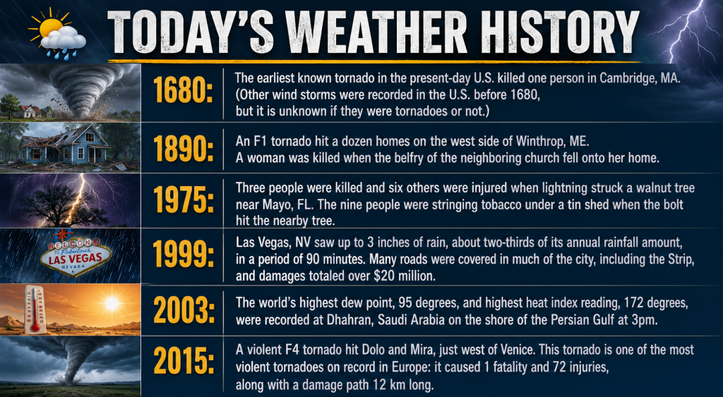 Today s Weather History: 1680  Tornado near Cambridge, Massachusetts; the earliest known U.S. tornado event described in the graphic.