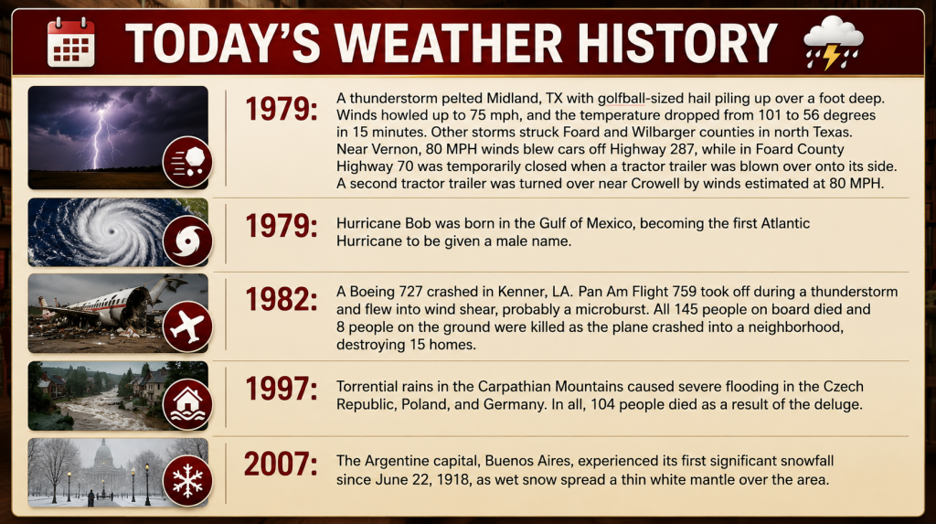Informational infographic titled Today's Weather History showing a timeline of major weather events by year (1979, 1982, 1997, 2007) with small representative images.