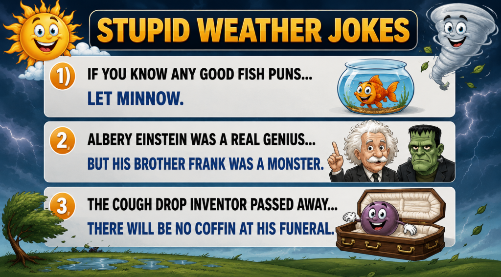 Banner titled 'Stupid Weather Jokes' showing three joke panels with cartoon weather icons (sun, tornado, fish in bowl) and characters (Einstein, Frankenstein) plus a purple ball in a coffin on the third panel.