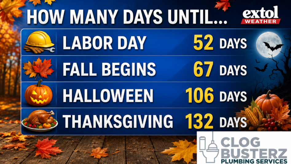 Blue countdown banner listing days until Labor Day (52), Fall Begins (67), Halloween (106), and Thanksgiving (132) with autumn icons like pumpkins and leaves.