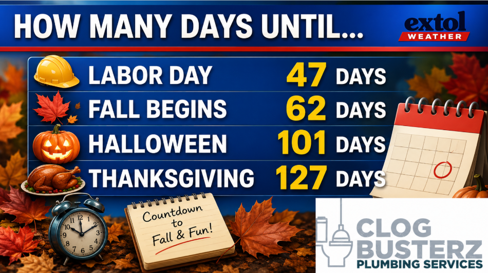 Infographic countdown showing days until Labor Day (47), Fall Begins (62), Halloween (101), and Thanksgiving (127) with pumpkins and autumn leaves.
