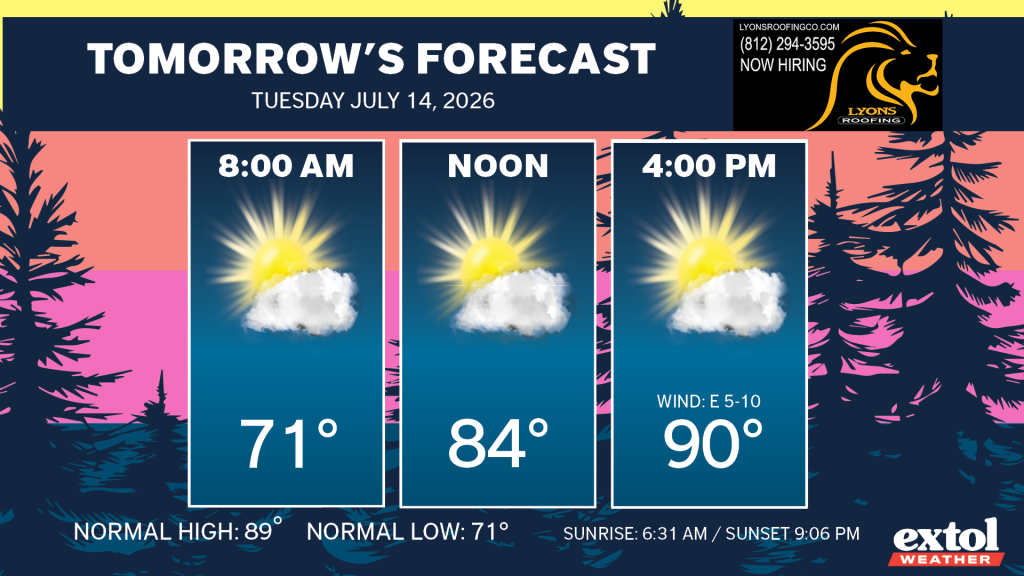 Extol_Ben_TOMORROW - Extol Media Tomorrow's forecast banner with three panels: 8:00 AM (71°), Noon (84°), 4:00 PM (90°) showing sunny visuals with a few clouds.