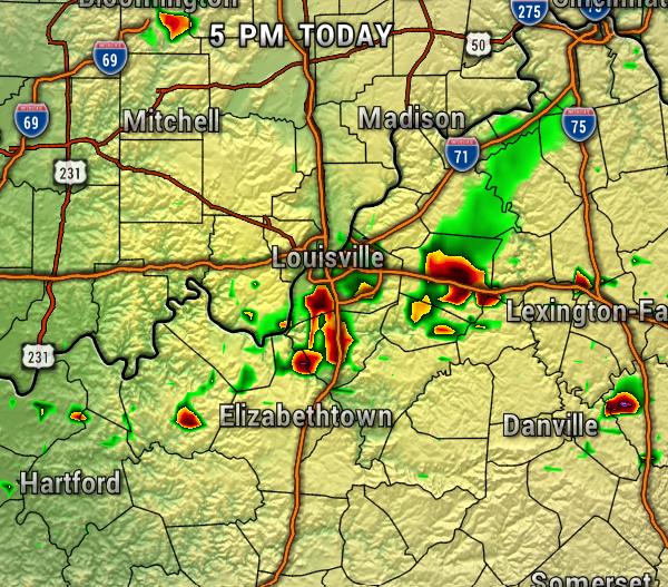 Weather radar map of Kentucky around Louisville showing scattered thunderstorms; red and orange areas indicate heavy rainfall and possible hail, with green indicating lighter rain near Lexington and Elizabethtown