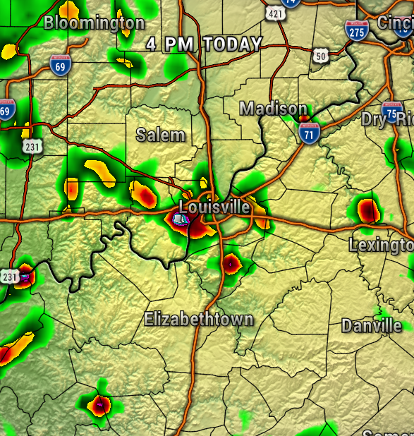 Radar map of Louisville, KY area showing scattered thunderstorms (red/orange) and lighter rain (green) at 4 PM today.