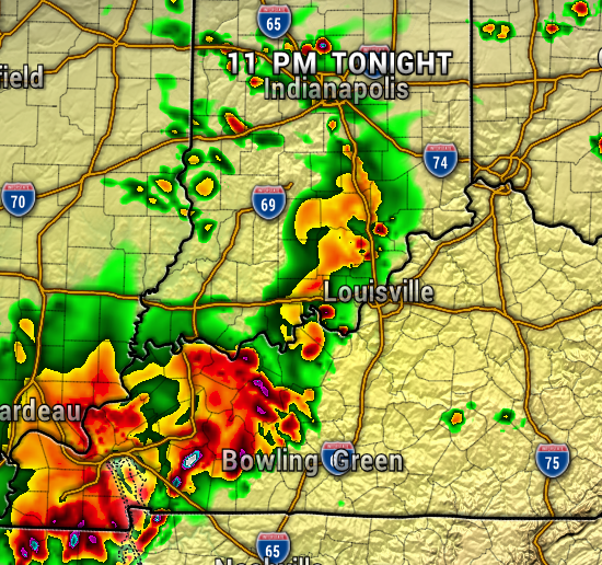 Weather radar map showing strong storms near Louisville, with red/orange areas indicating heavy rainfall and potential severe weather, tonight at 11 PM