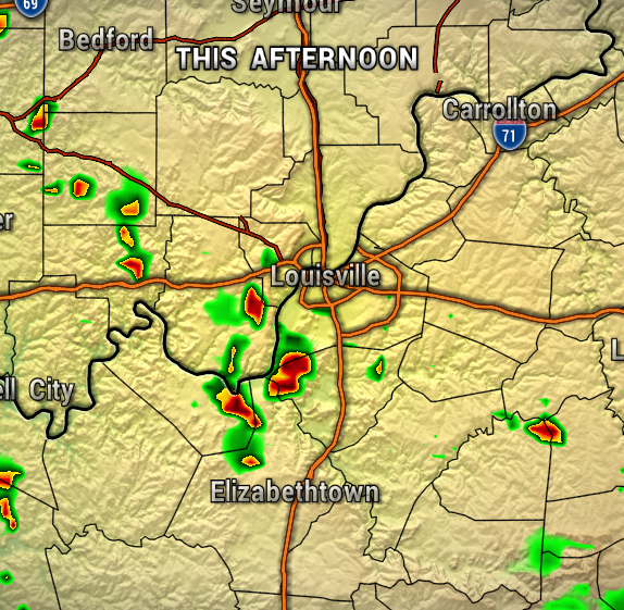 Radar map of Louisville area this afternoon showing scattered thunderstorms (red/yellow) near Elizabeth Town and west of the city.