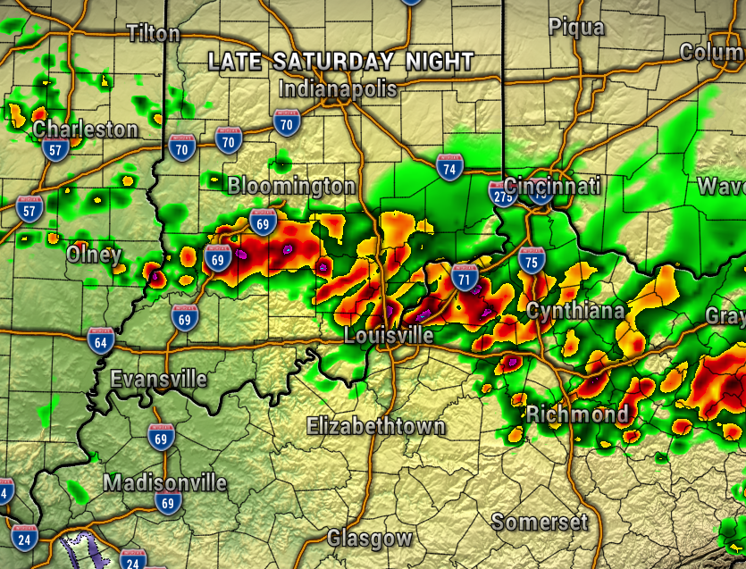 Radar image showing widespread thunderstorms around Louisville, with red/orange core cells along I-65/I-71 and lighter rain to the north and east; green areas indicate lighter rainfall.