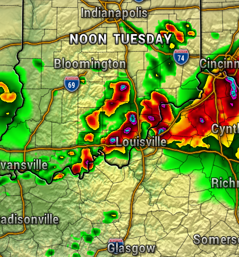 Color radar map at noon Tuesday showing bands of thunderstorms over Kentucky and southern Indiana, including Louisville; red and purple indicate heavy rain and possible hail.