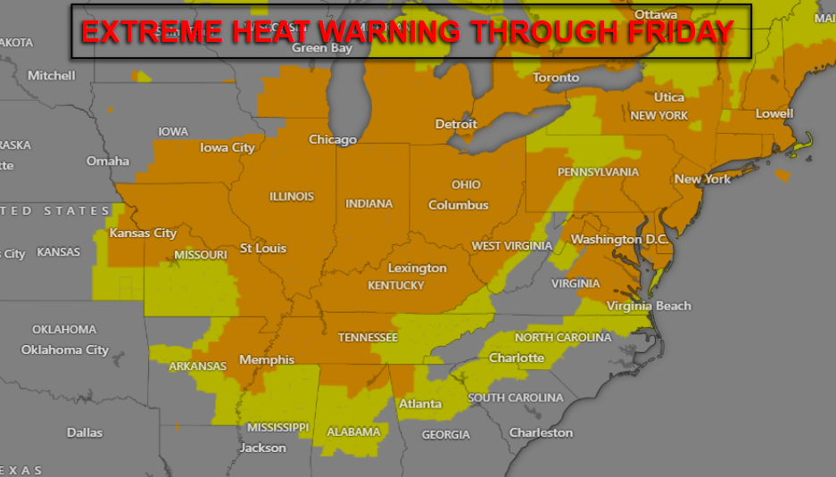 Weather map of the central and eastern U.S. with orange heat warnings and a red banner 'EXTREME HEAT WARNING THROUGH FRIDAY' at the top.