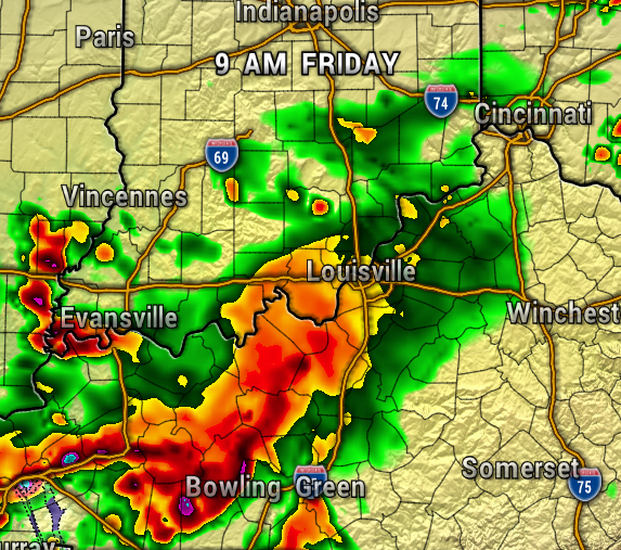 Radar map showing a strong storm system moving east of Louisville, with red/orange bands near Evansville and Bowling Green.