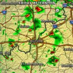 Radar weather map of central Kentucky and surrounding areas showing scattered thunderstorms and rain. Red/purple areas indicate strongest storms near Louisville and southeast of Madison, with green indicating lighter rain elsewhere across Elizabeth Town, Danville, and surrounding towns; major highways (I-65, I-71) and city names like Louisville, Madison, Salem, Elizabeth-town are labeled.