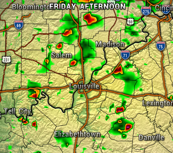 Weather radar map showing scattered thunderstorms around Louisville, Kentucky, with heavy rain cells (yellow/red) near Madison and Elizabeth‑town area on Friday afternoon.