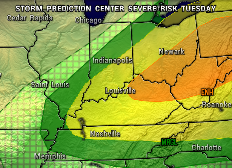 Storm Prediction Center weather map showing Tuesday's severe-weather risk with orange enhanced, yellow slight, and green outline areas across Indianapolis, Louisville, Nashville, Memphis area.