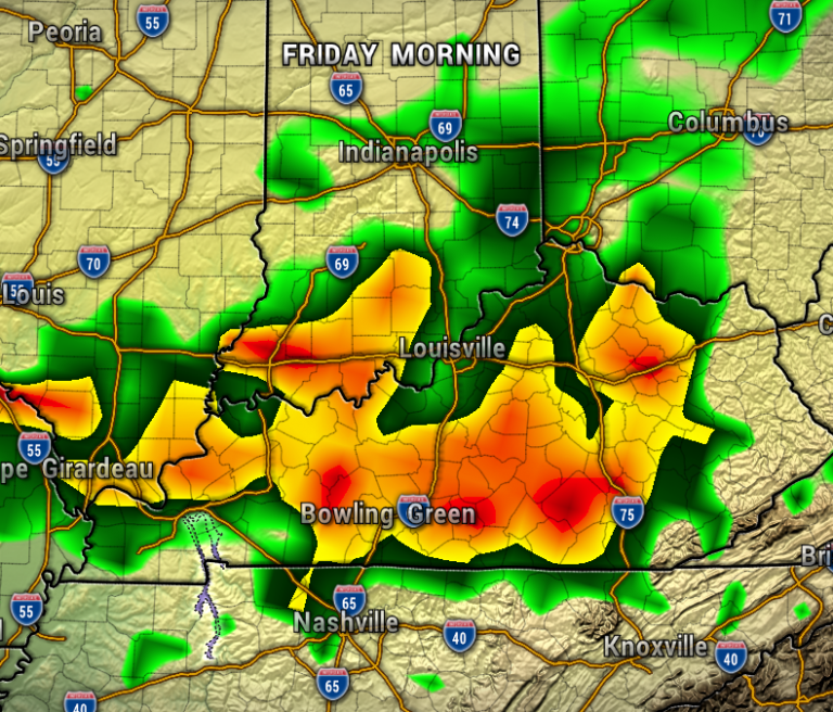 Weather radar map of Kentucky and Tennessee showing heavy rainfall around Louisville, Bowling Green, and Nashville with green to red color codes.