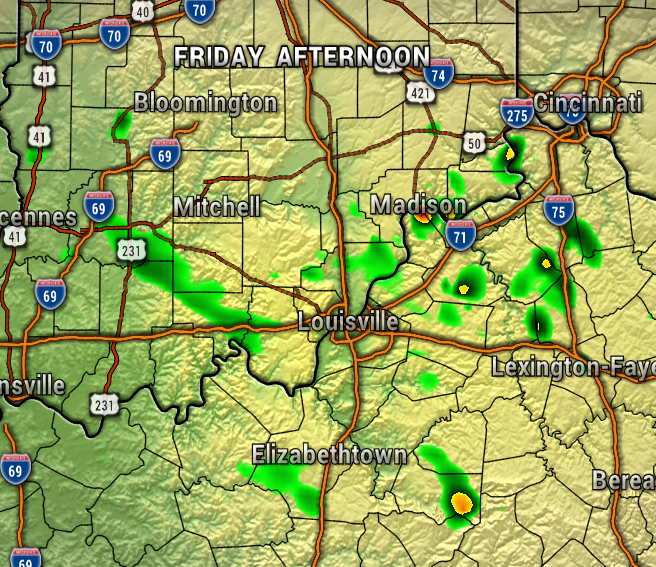 Weather radar map showing scattered rain around Louisville area, with green and yellow patches indicating light to moderate rainfall near Madison and Louisville, KY.