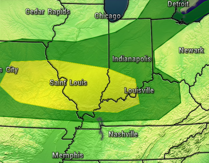 Forecast severe weather risk map: yellow slight risk area centered near St. Louis, with surrounding green marginal risk; labeled cities include Chicago, Indianapolis, Louisville, Nashville, Memphis.