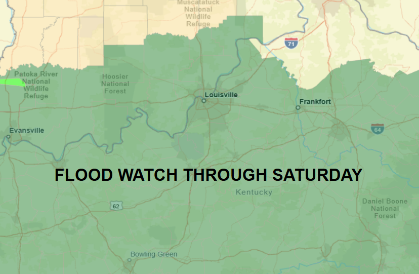 Map of Kentucky with a green flood watch overlay through Saturday, centered around Louisville and extending toward Frankfort and Bowling Green