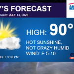 Weather forecast board: high 90°, hot sunny day with a sun and cloud; wind E 5-10; sunset 9:06 PM; American Family Insurance ad.