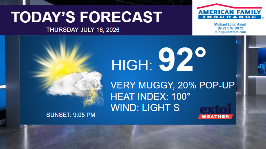 Weather broadcast banner: forecast high 92°F, very muggy (heat index 100°F), light south wind; sunset 9:05 PM; date July 16, 2026.