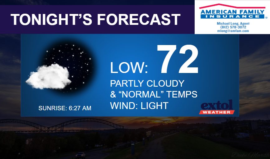 Tonight's forecast banner: low 72, partly cloudy with light wind; sunrise 6:27 AM; American Family Insurance ad in the top-right.