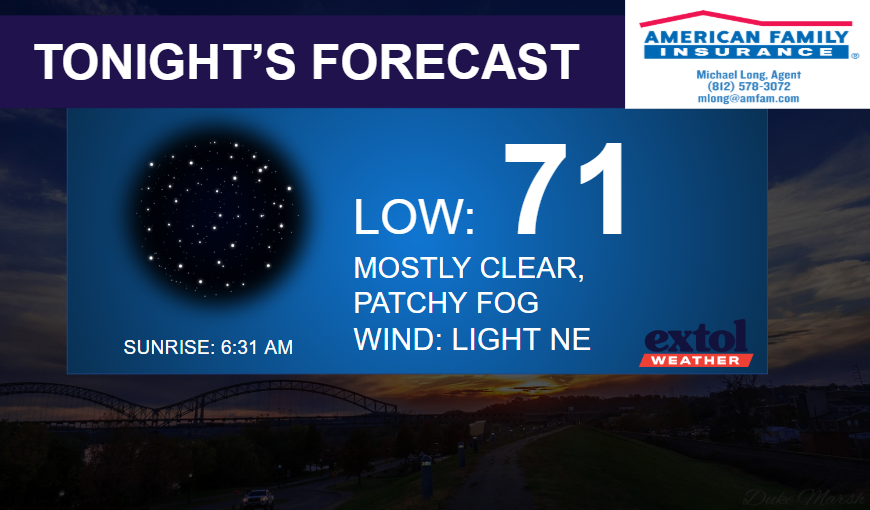 TONIGHT - Extol Media Tonight's forecast card: low 71, mostly clear with patchy fog, wind NE light; sunrise 6:31 AM. Includes logos and blue weather panel over sunset background.