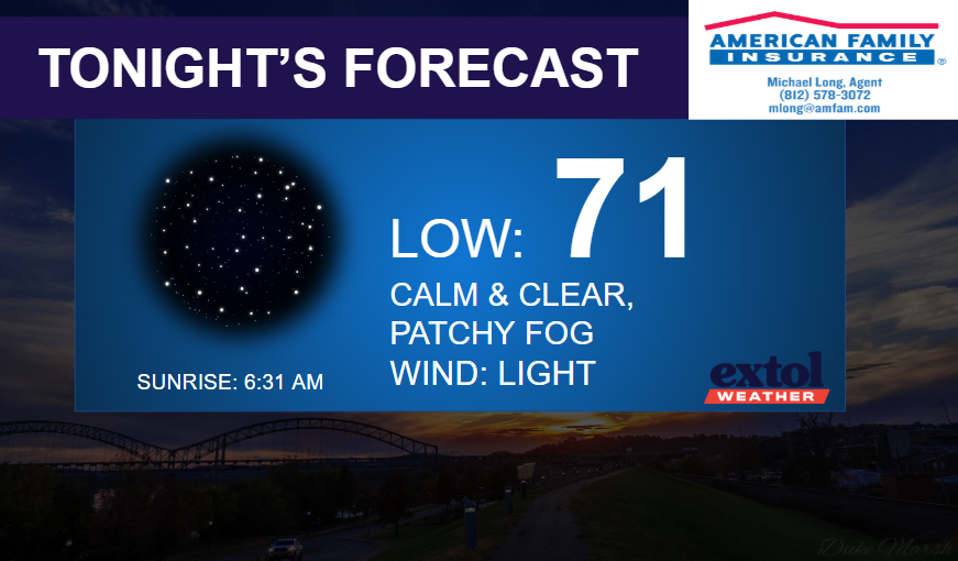 Tonight's forecast banner: low 71 with calm, clear, patchy fog and light wind; sunrise 6:31 AM; Extol Weather logo on bottom right; AMF Insurance logo top right.
