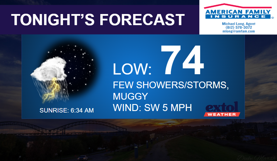 Tonight's forecast: low 74 with few showers/storms, muggy; wind SW 5 mph; sunrise 6:34 AM; Extol Weather logo